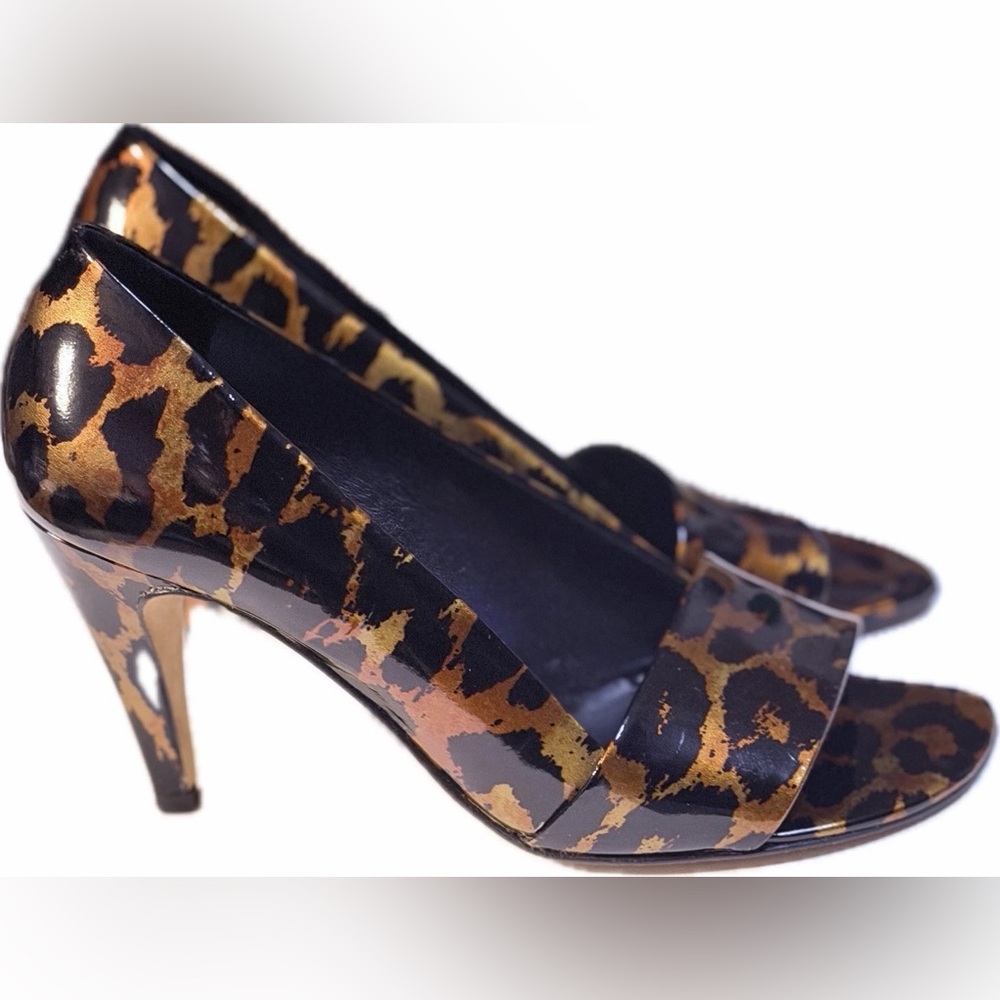 Antonio Melani Leopard Patent Leather Pumps Women's Size 6.5M Slip On Open Toe